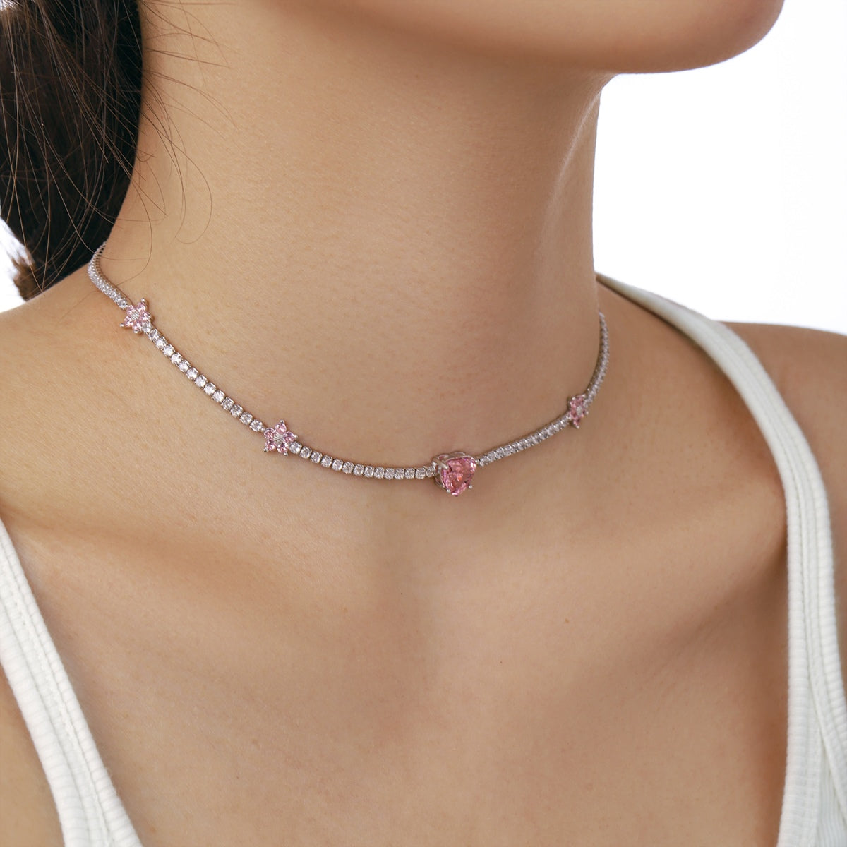 Angela Jewelry]Schillernde rosa Herz-Blumen-Halskette