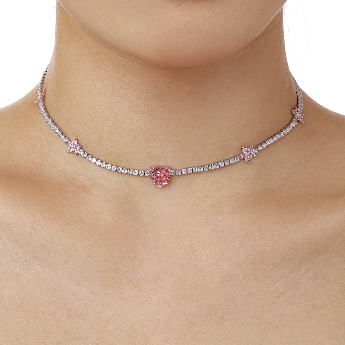 Angela Jewelry]Schillernde rosa Herz-Blumen-Halskette