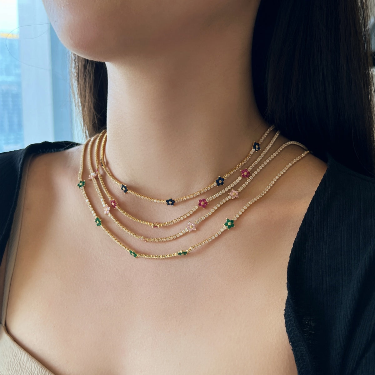 Angela Jewelry]Luxuriöse bunte Blumen-Tenniskette