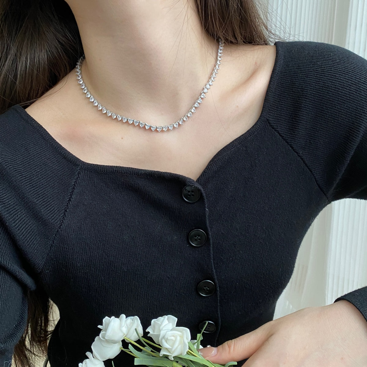 Angela Jewelry]Verzierte Tenniskette mit Herzschliff