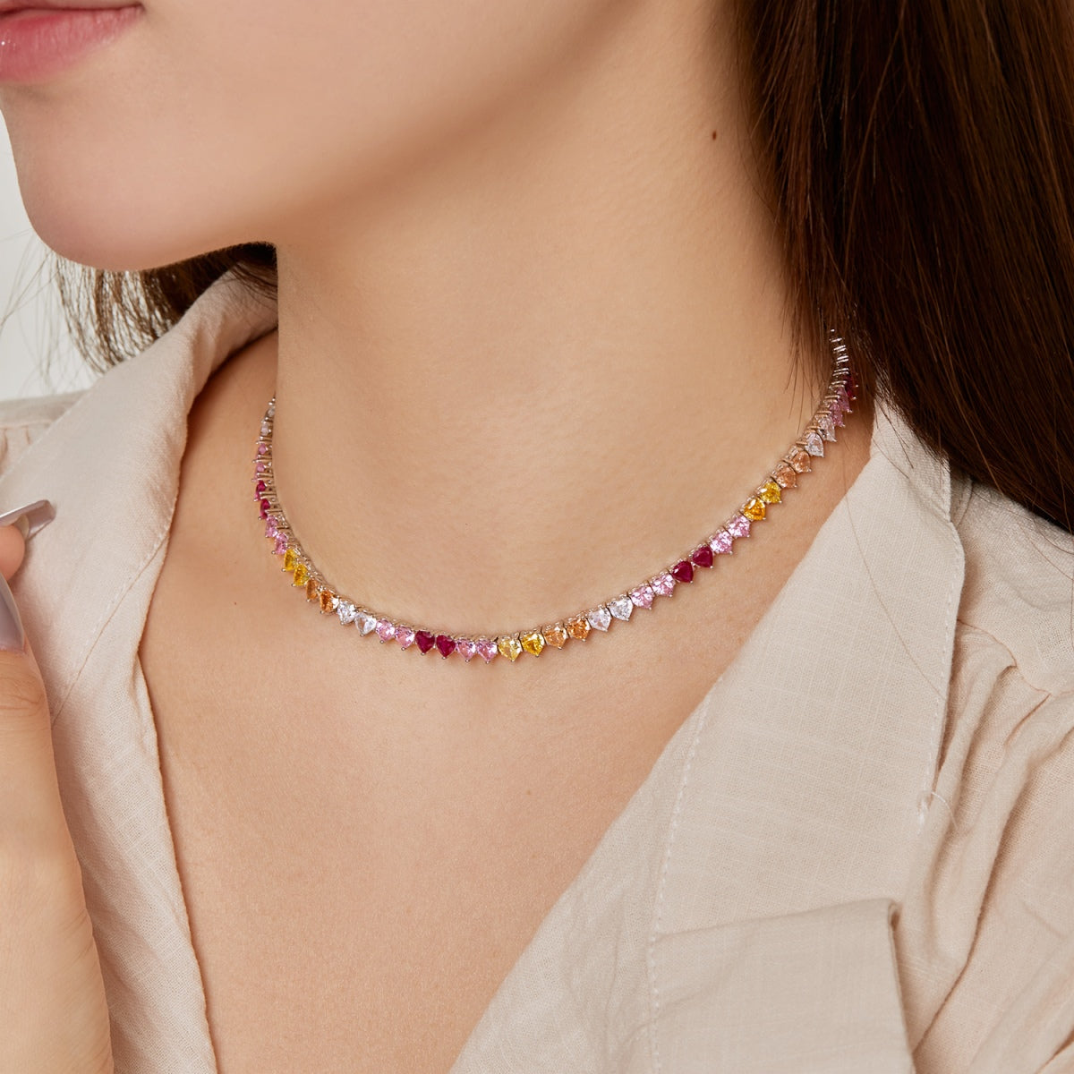 Angela Jewelry] Funkelnde bunte Tennis-Halskette mit Herz