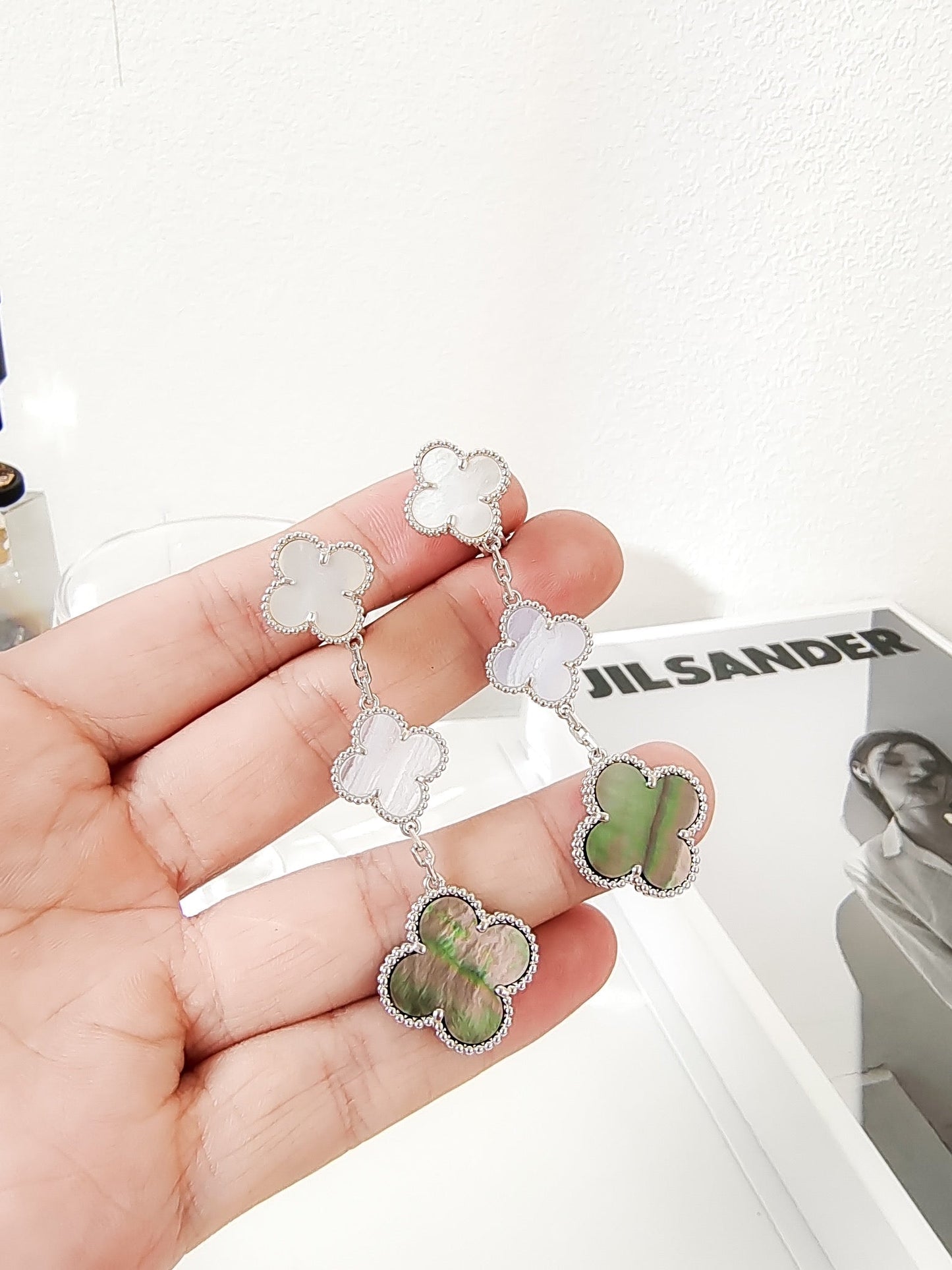 [Angela Schmuck] Kleeblatt 3 Motive Chalzedon dunkel Perlmutt Silber Ohrringe