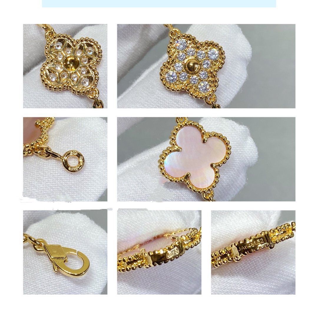 [Angela Schmuck] Armband mit Kleeblatt-Motiv und 5 Diamanten in Rosa-Perlen-Roségold