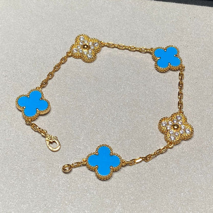 [Angela Schmuck]Klee 5 Motiv Blau Chalzedon Diamant Gold Armband 