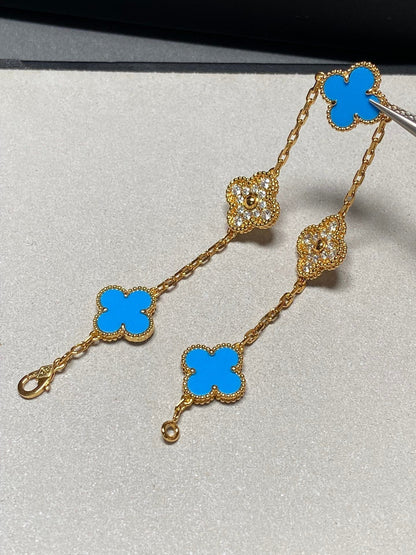 [Angela Schmuck]Klee 5 Motiv Blau Chalzedon Diamant Gold Armband 