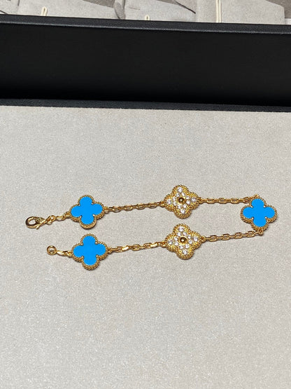 [Angela Schmuck]Klee 5 Motiv Blau Chalzedon Diamant Gold Armband 
