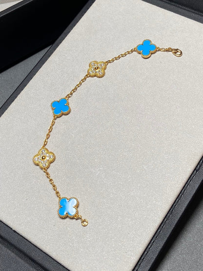 [Angela Schmuck]Klee 5 Motiv Blau Chalzedon Diamant Gold Armband 