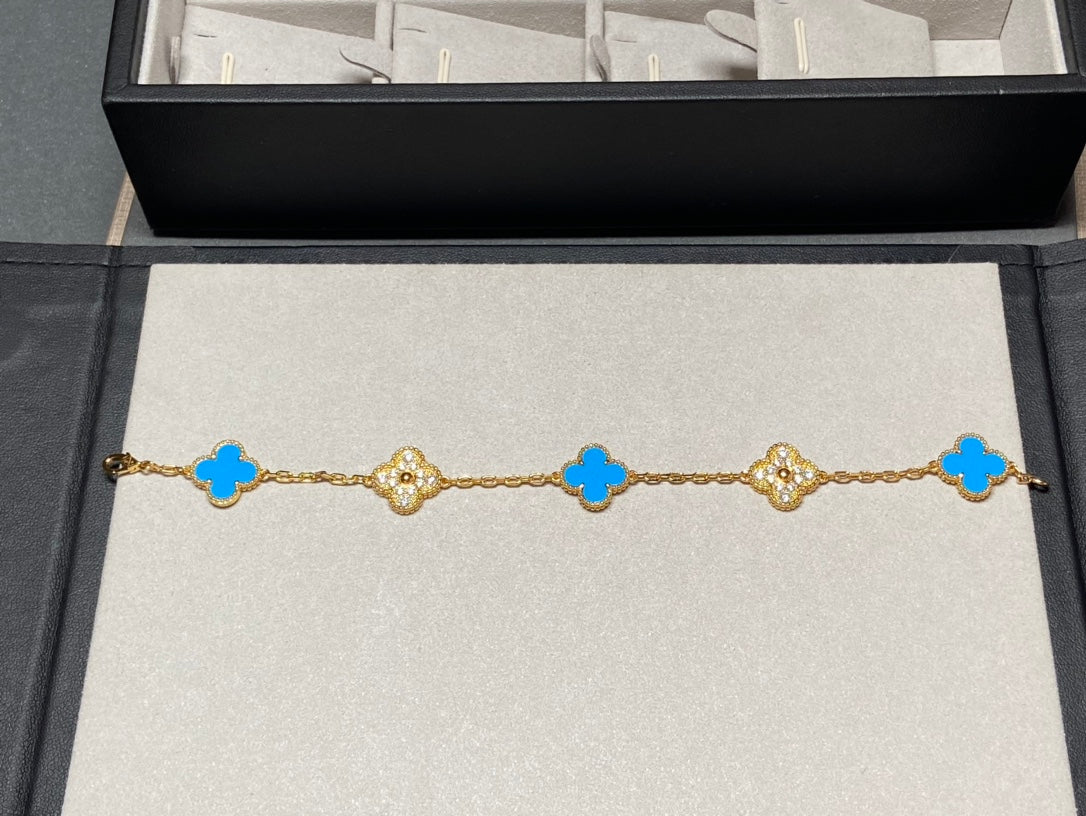 [Angela Schmuck]Klee 5 Motiv Blau Chalzedon Diamant Gold Armband 