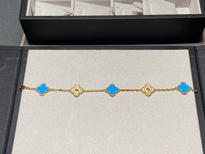 [Angela Schmuck]Klee 5 Motiv Blau Chalzedon Diamant Gold Armband 