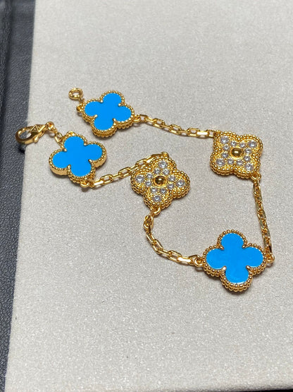 [Angela Schmuck]Klee 5 Motiv Blau Chalzedon Diamant Gold Armband 