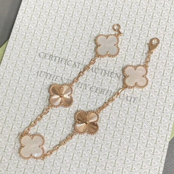 [Angela Schmuck] Kleeblatt-Armband mit 5 Motiven, Weiß, Perlmutt, Roségold