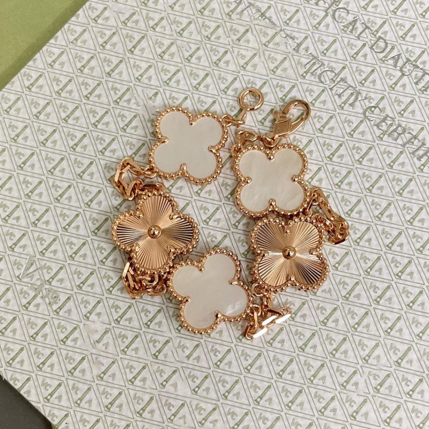 [Angela Schmuck] Kleeblatt-Armband mit 5 Motiven, Weiß, Perlmutt, Roségold