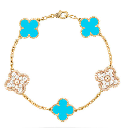 [Angela Jewellery] Armband aus türkisfarbenem Gold mit Kleeblatt-Motiv und Diamanten