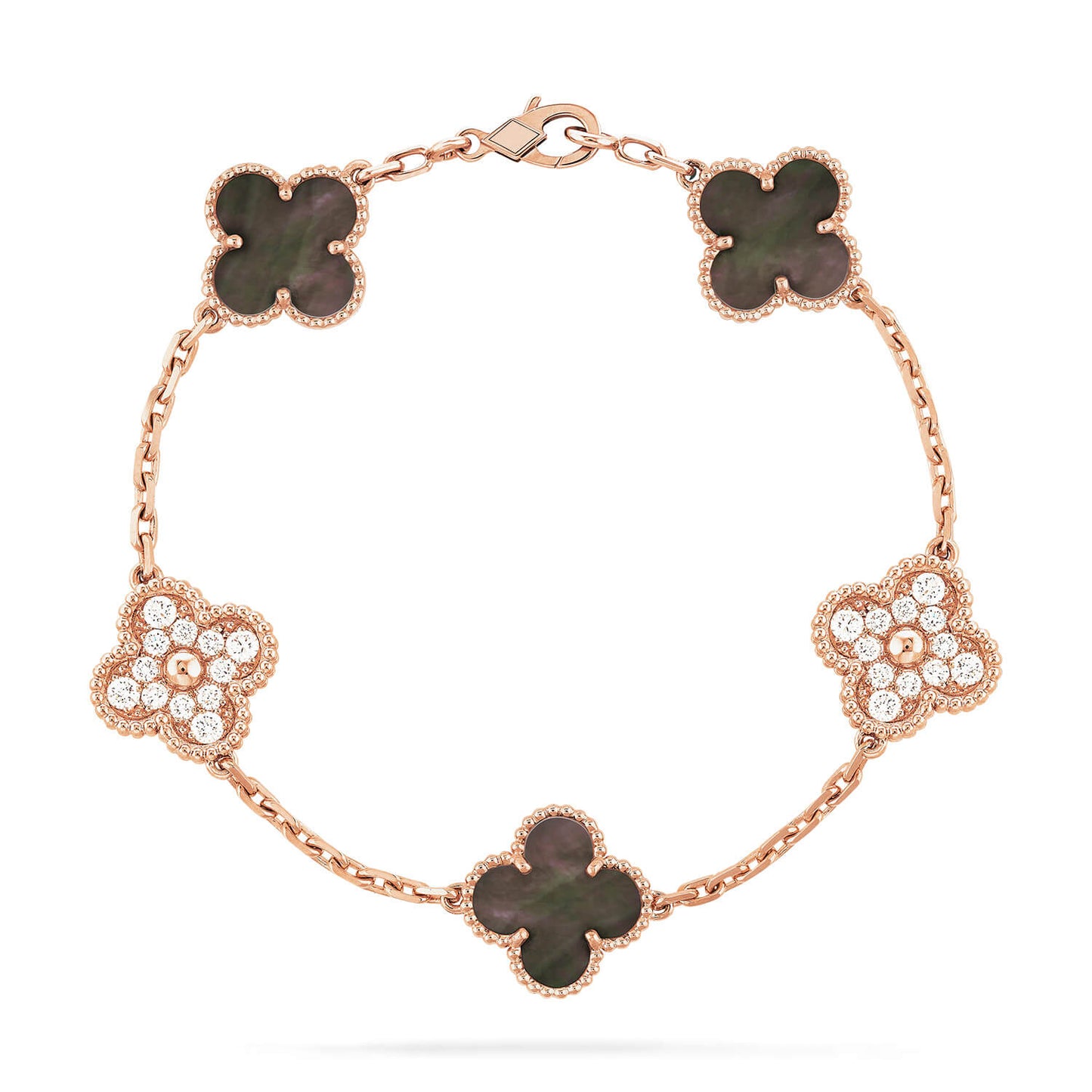[Angela Jewellery] Armband aus Roségold mit Kleeblatt-Motiven und dunklen Perlmutt- und Diamanten 