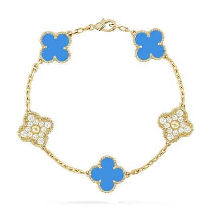[Angela Schmuck]Klee 5 Motiv Blau Chalzedon Diamant Gold Armband 