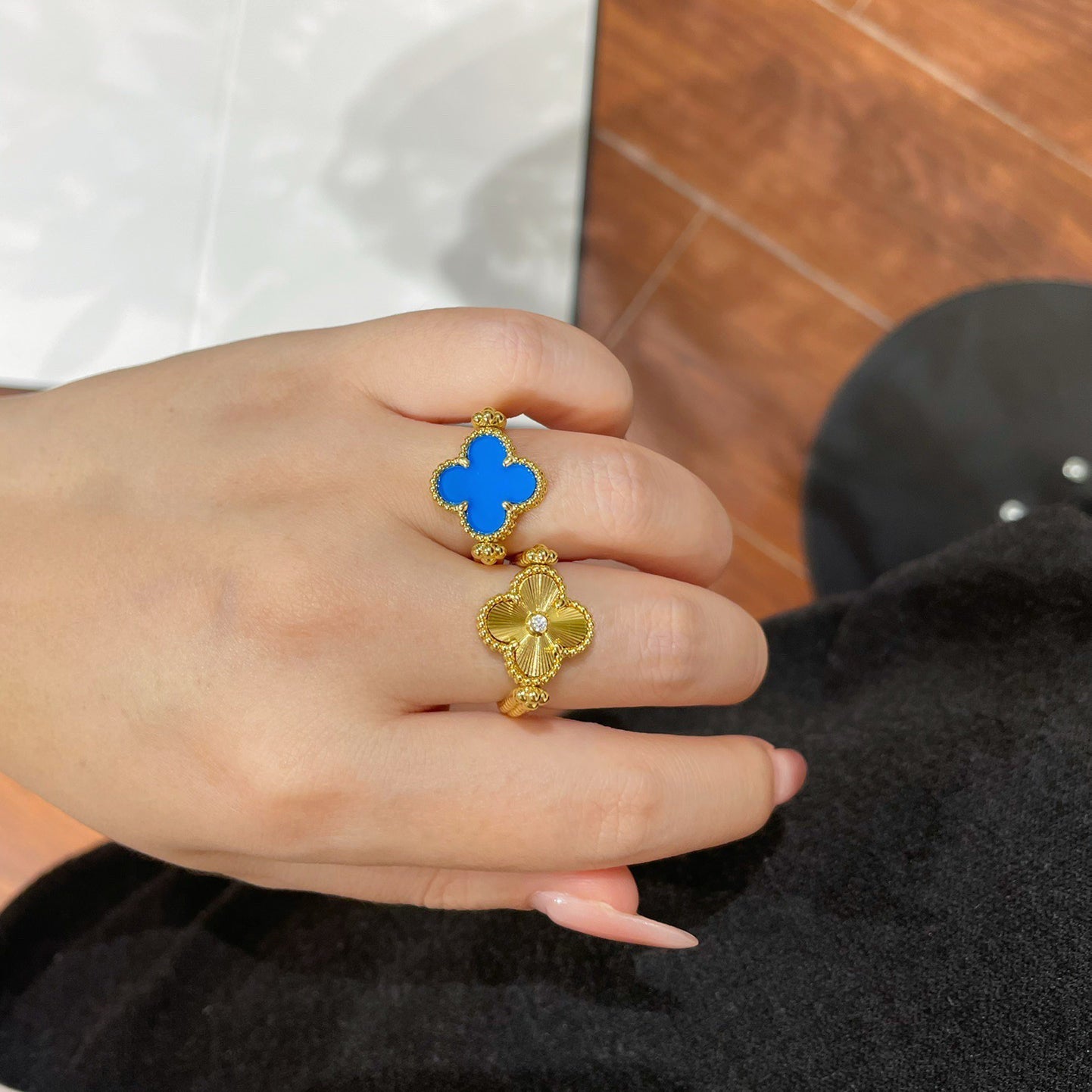 [アンジェラジュエリー]クローバーリバーシブルブルーアゲートリング