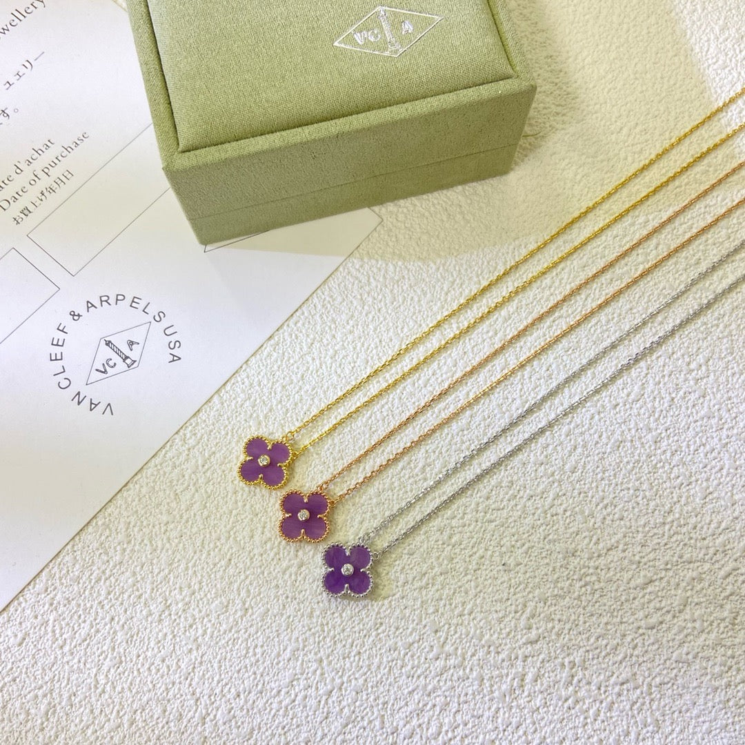 [アンジェラジュエリー]クローバー 15mm ダイヤモンド パープルバイオレットネックレス