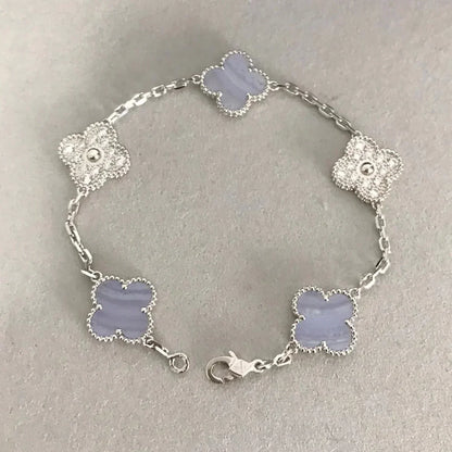 [Angela Schmuck] Kleeblatt 5 Motiv Diamant lila Chalzedon Armband Silber 
