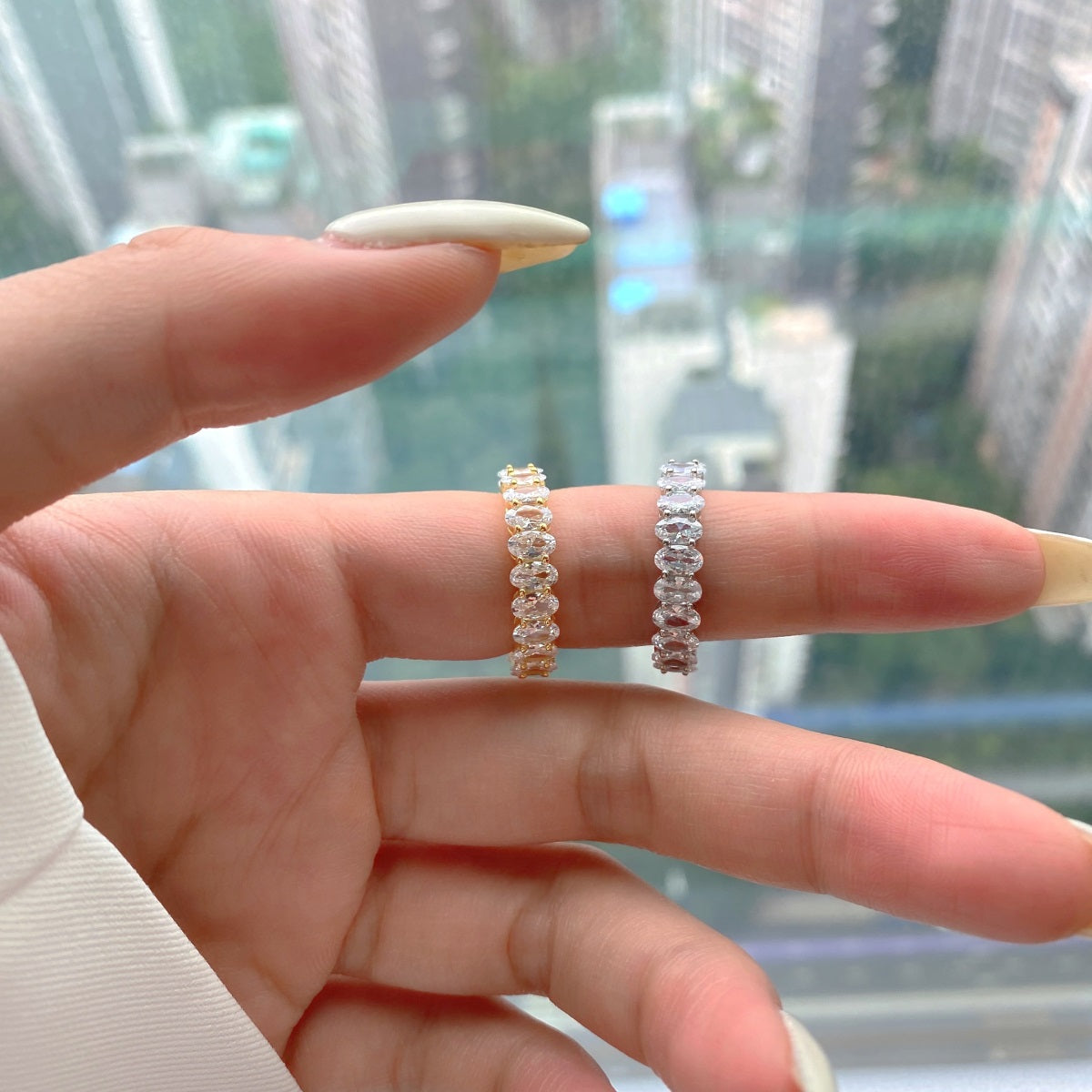 Angela Jewelry]Verzierter Tennisring im Ovalschliff