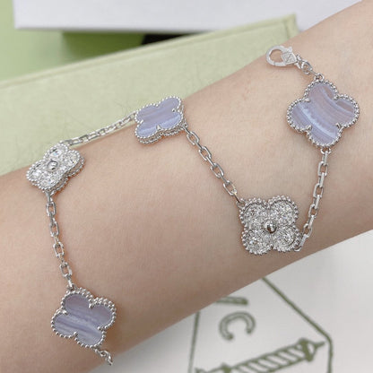 [Angela Schmuck] Kleeblatt 5 Motiv Diamant lila Chalzedon Armband Silber 